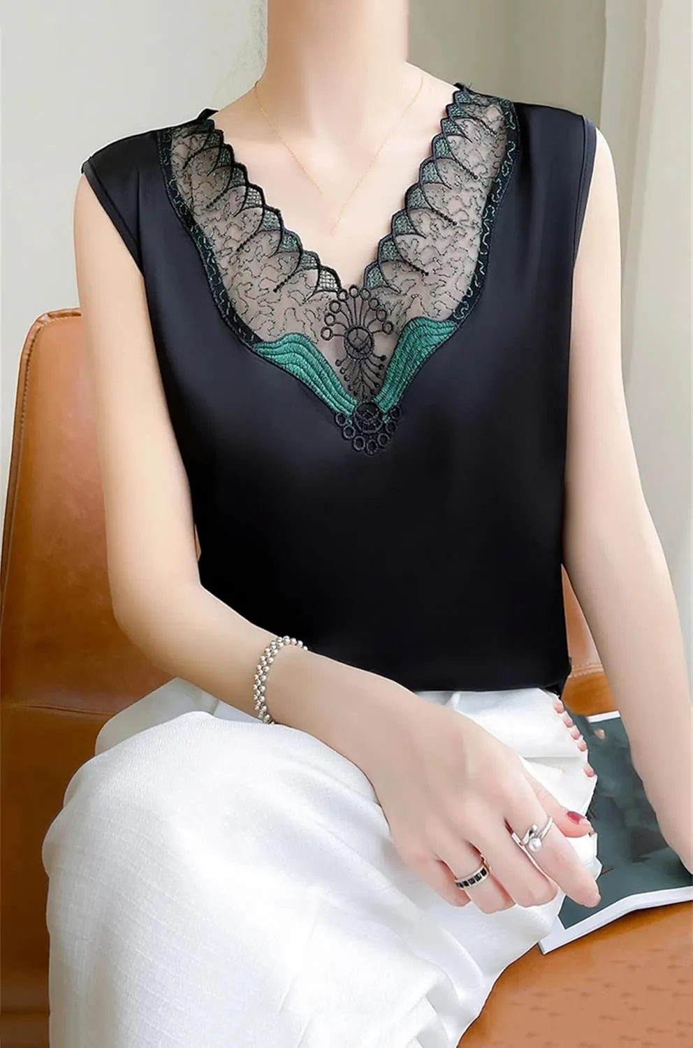 Women's Ruffle Lace Trim Satin Tank Top Camisole Summer Breathable V-Neck Sleeveless Vest Lightweight Loose Fit Work Blouse