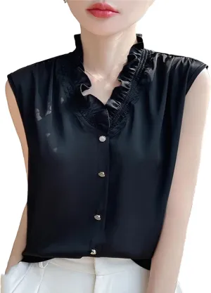 Women's Ruffle Trim Satin Tank Top & Camisole Summer V-Neck Sleeveless Vest Breathable Loose Fit Casual Work Office Blouse