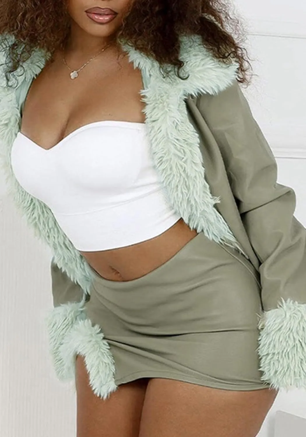 Women's Sexy Leather Skirt Sets Long Sleeve Cardigan Feather Trim Fur Jacket High Waisted Mini Skirt Set