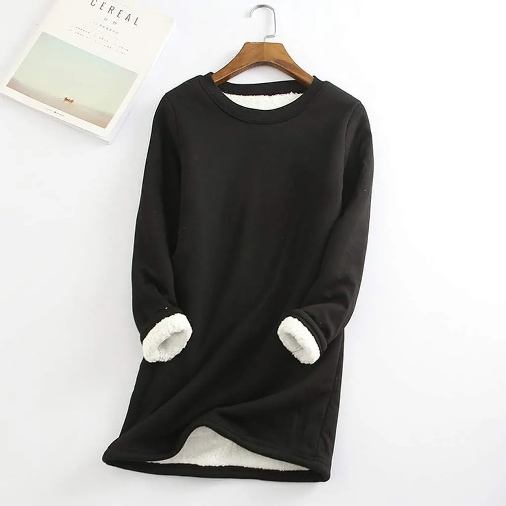 Womens Sherpa Lined Sweatshirt Solid Color Thermal Underwear Tops Fleece Sweater Winter Tops for Women