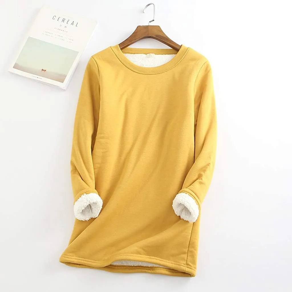 Womens Sherpa Lined Sweatshirt Solid Color Thermal Underwear Tops Fleece Sweater Winter Tops for Women