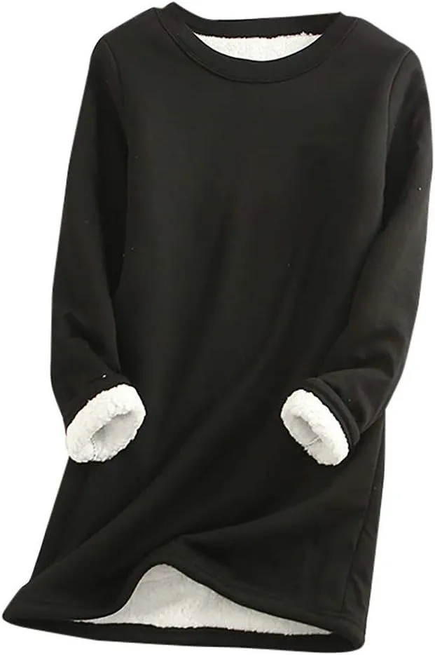 Womens Sherpa Lined Sweatshirt Solid Color Thermal Underwear Tops Fleece Sweater Winter Tops for Women