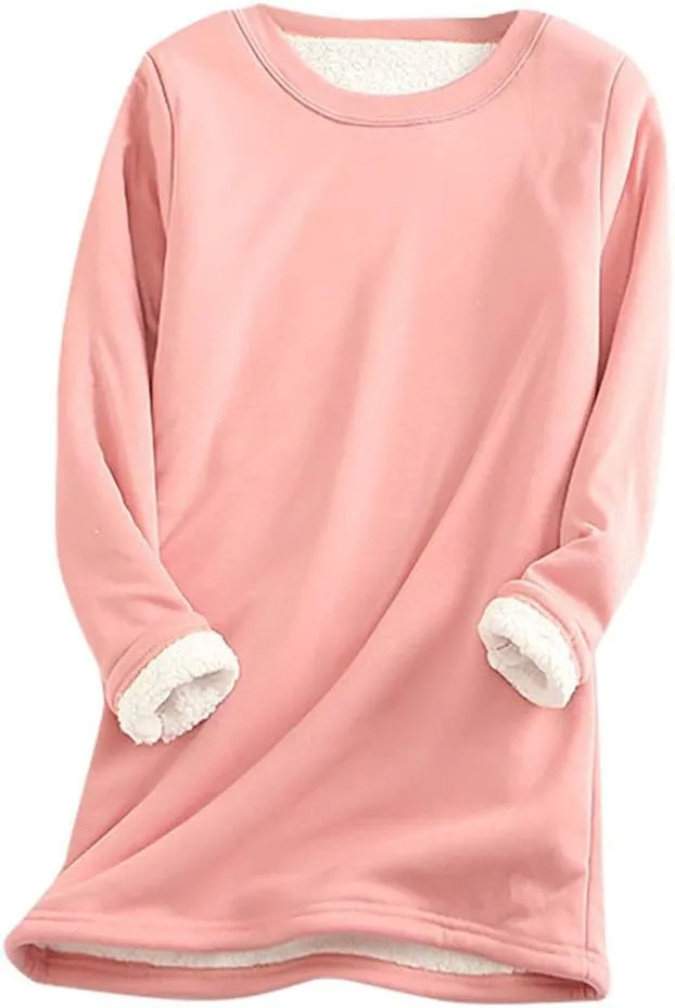 Womens Sherpa Lined Sweatshirt Solid Color Thermal Underwear Tops Fleece Sweater Winter Tops for Women