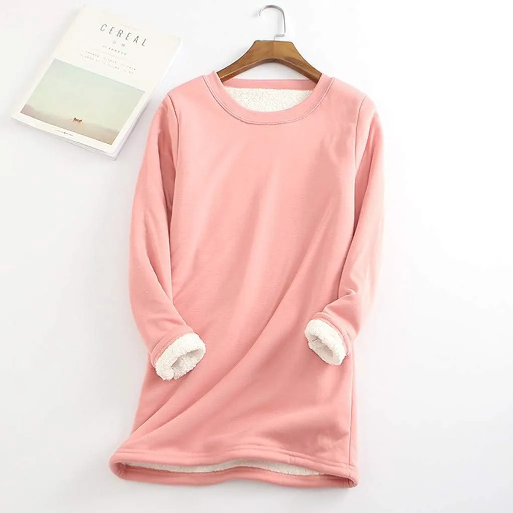 Womens Sherpa Lined Sweatshirt Solid Color Thermal Underwear Tops Fleece Sweater Winter Tops for Women