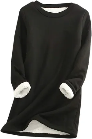 Womens Sherpa Lined Sweatshirt Solid Color Thermal Underwear Tops Fleece Sweater Winter Tops for Women