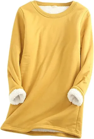 Womens Sherpa Lined Sweatshirt Solid Color Thermal Underwear Tops Fleece Sweater Winter Tops for Women