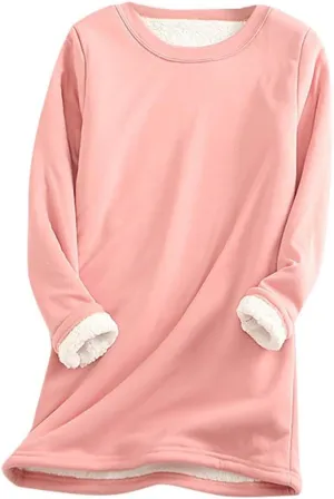 Womens Sherpa Lined Sweatshirt Solid Color Thermal Underwear Tops Fleece Sweater Winter Tops for Women