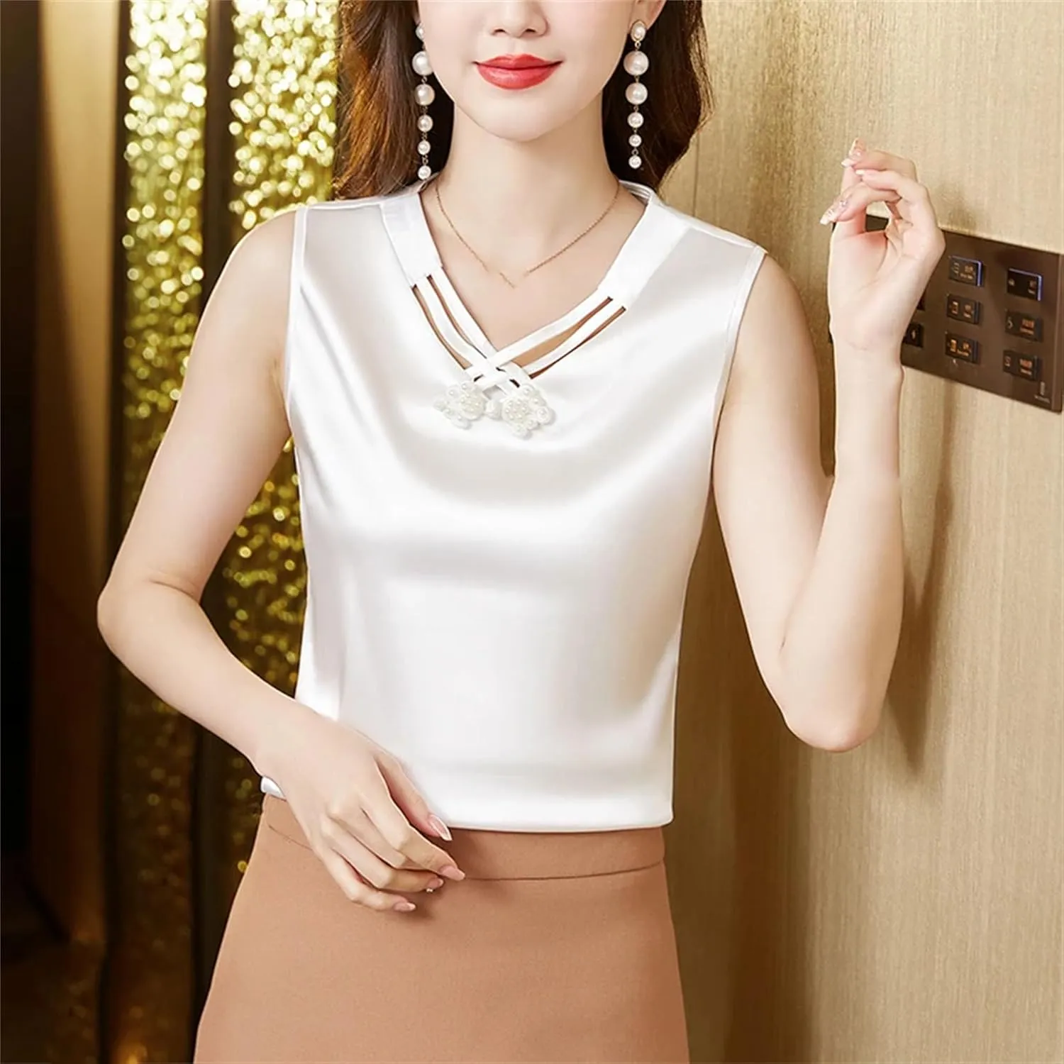 Women's Silk Satin Tank Tops Sleeveless V-Neck Casual Work Office Camisole Sexy Hollow Out Casual Summer Vest Lounge Wear