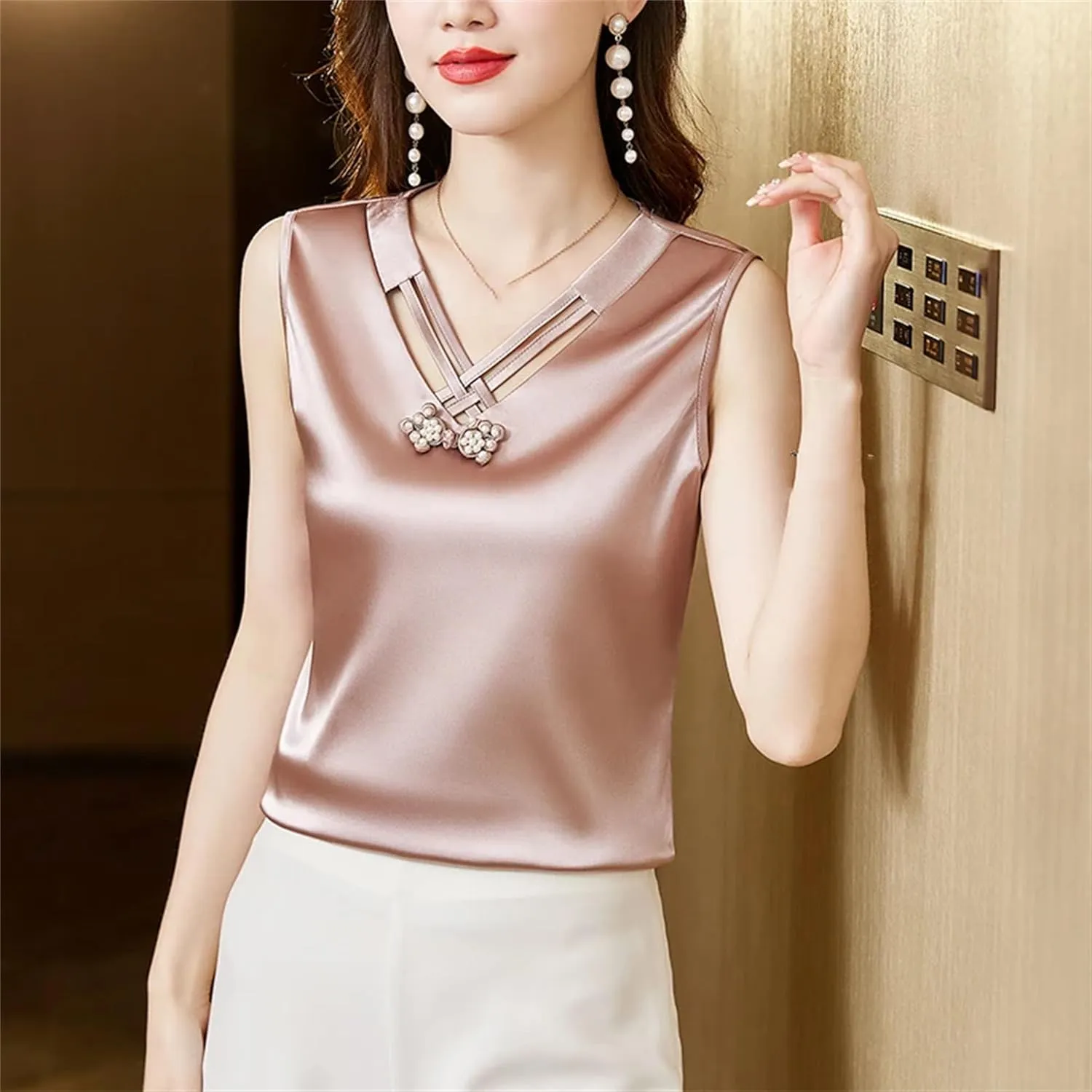 Women's Silk Satin Tank Tops Sleeveless V-Neck Casual Work Office Camisole Sexy Hollow Out Casual Summer Vest Lounge Wear