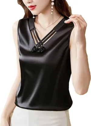 Women's Silk Satin Tank Tops Sleeveless V-Neck Casual Work Office Camisole Sexy Hollow Out Casual Summer Vest Lounge Wear