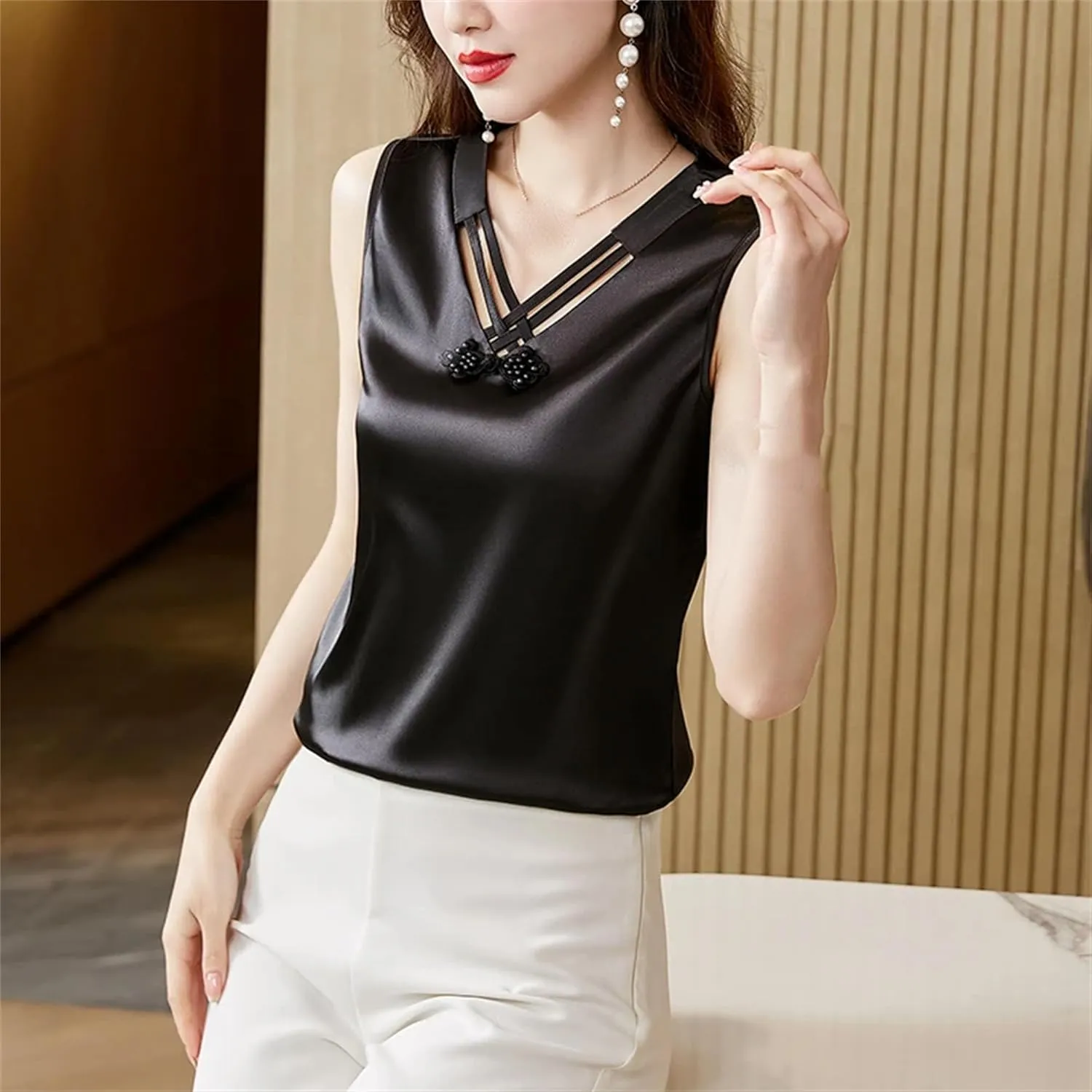 Women's Silk Satin Tank Tops Sleeveless V-Neck Casual Work Office Camisole Sexy Hollow Out Casual Summer Vest Lounge Wear