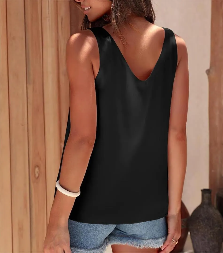 Womens Silk Satin Tank Tops V Neck Casual Cami Sleeveless Camisole Blouses Summer Basic Shirt Top