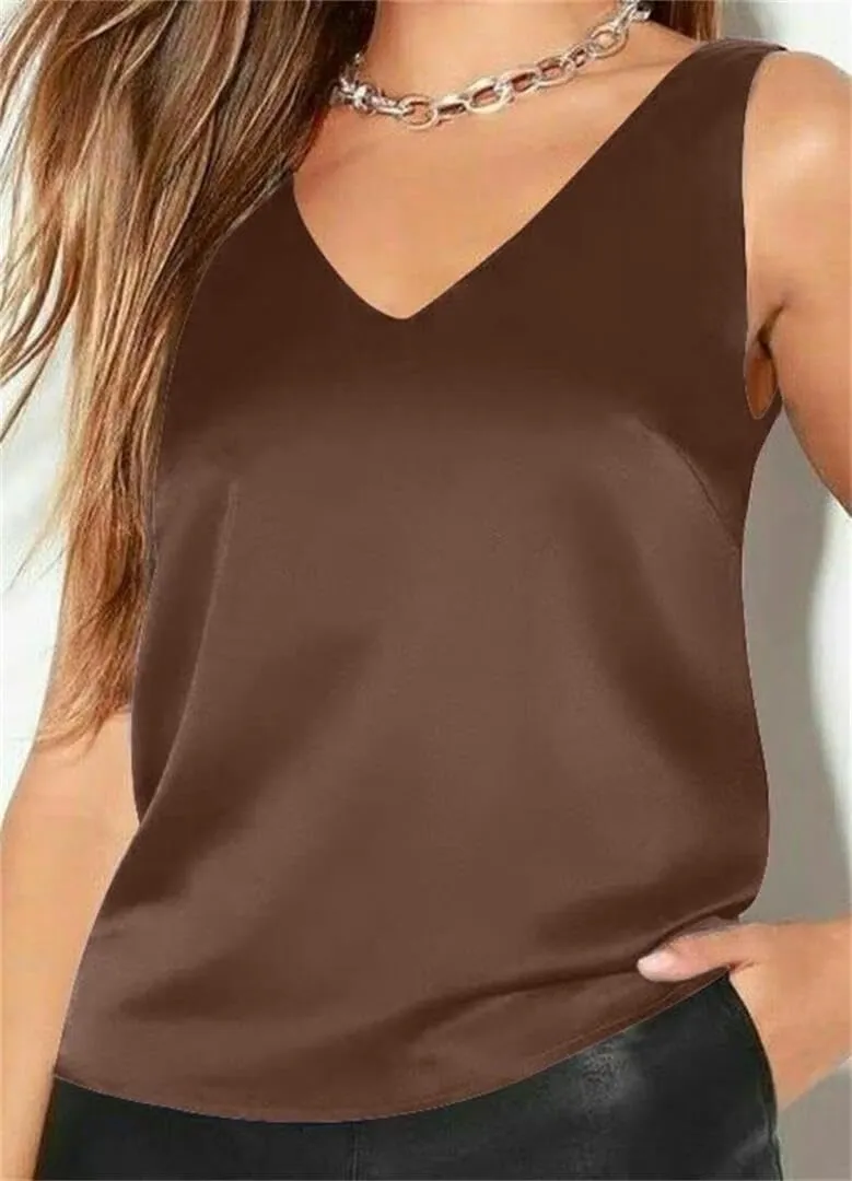 Womens Silk Satin Tank Tops V Neck Casual Cami Sleeveless Camisole Blouses Summer Basic Shirt Top