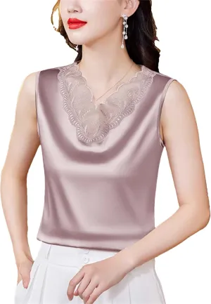 Women's Silk Satin V-Neck Tank Top Camisole Casual Summer Sleeveless Lace Trim Vest Breathable Loose Fit Lounge Wear
