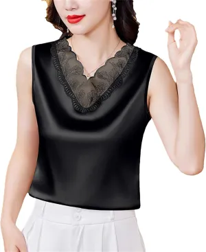 Women's Silk Satin V-Neck Tank Top Camisole Casual Summer Sleeveless Lace Trim Vest Breathable Loose Fit Lounge Wear