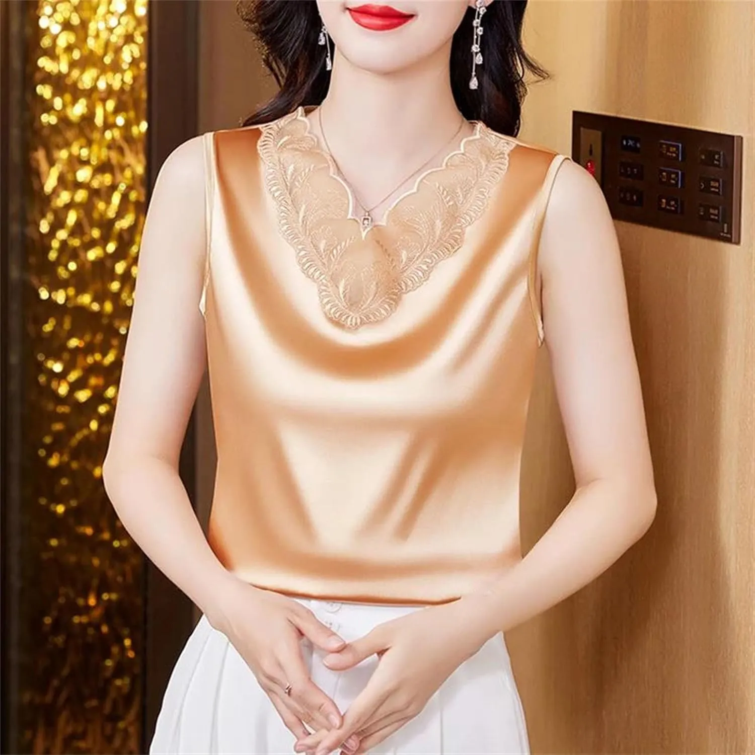 Women's Silk Satin V-Neck Tank Top Camisole Casual Summer Sleeveless Lace Trim Vest Breathable Loose Fit Lounge Wear