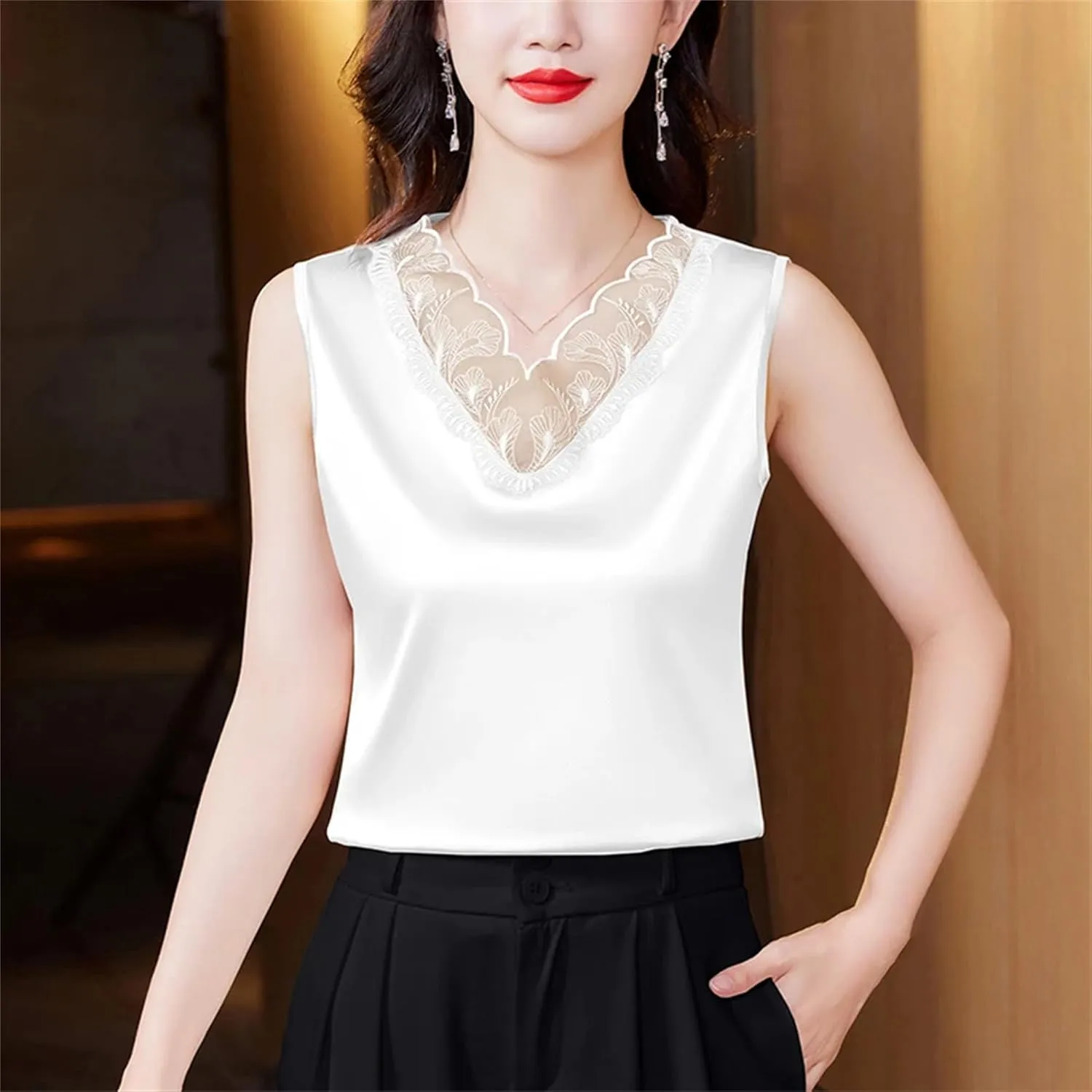 Women's Silk Satin V-Neck Tank Top Camisole Casual Summer Sleeveless Lace Trim Vest Breathable Loose Fit Lounge Wear