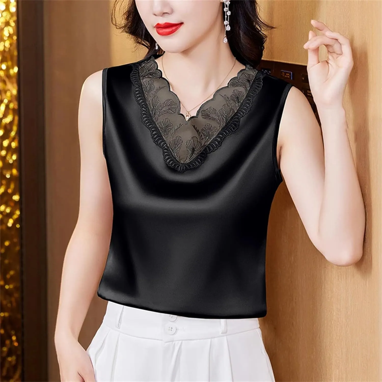 Women's Silk Satin V-Neck Tank Top Camisole Casual Summer Sleeveless Lace Trim Vest Breathable Loose Fit Lounge Wear