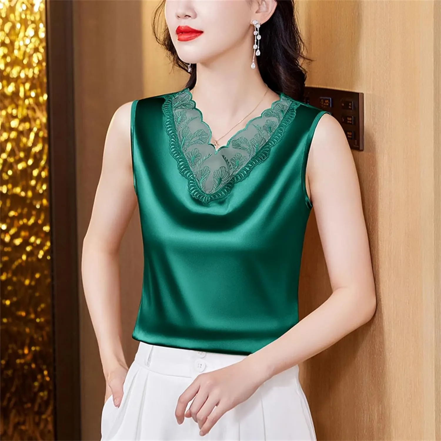 Women's Silk Satin V-Neck Tank Top Camisole Casual Summer Sleeveless Lace Trim Vest Breathable Loose Fit Lounge Wear