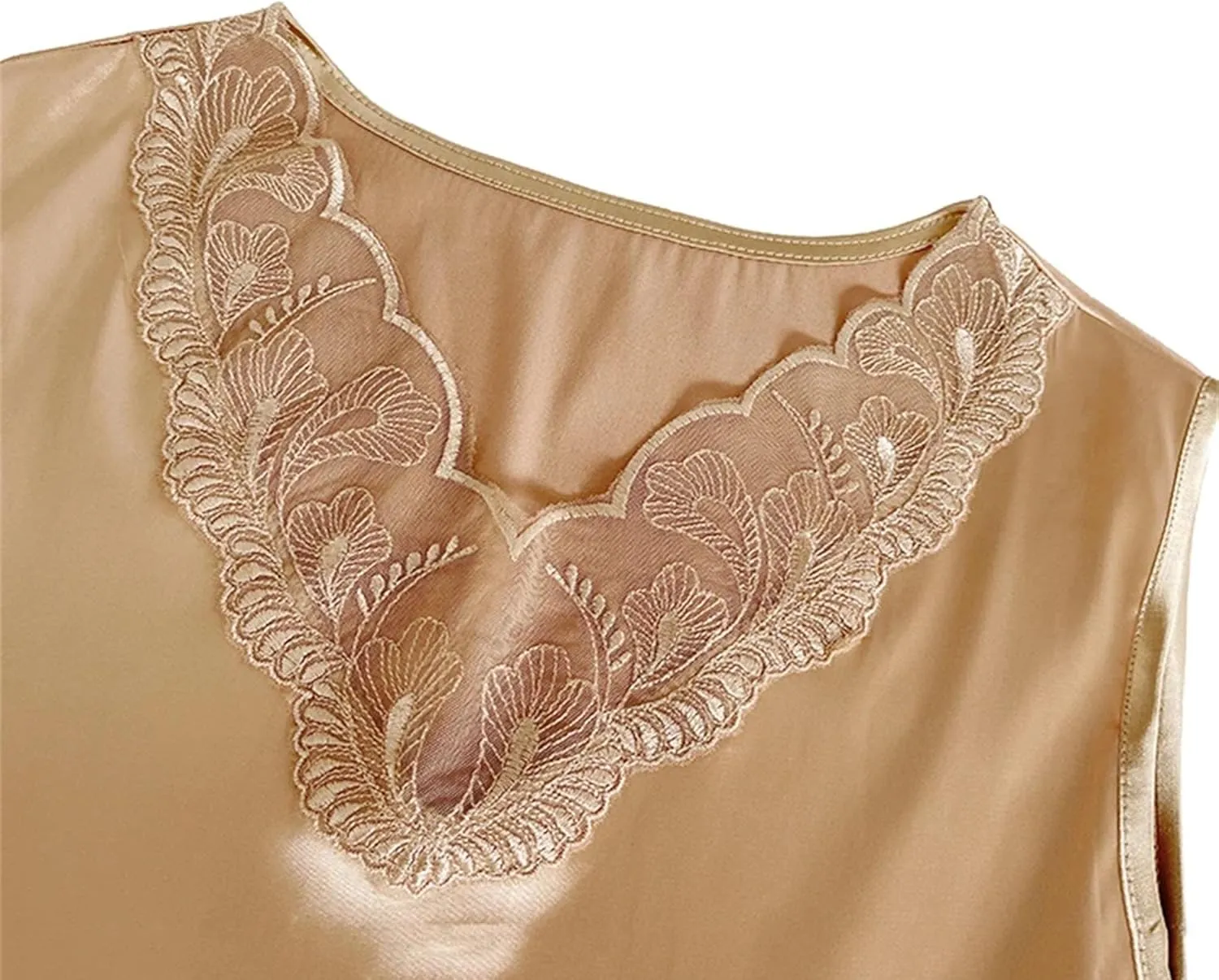 Women's Silk Satin V-Neck Tank Top Camisole Casual Summer Sleeveless Lace Trim Vest Breathable Loose Fit Lounge Wear