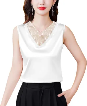 Women's Silk Satin V-Neck Tank Top Camisole Casual Summer Sleeveless Lace Trim Vest Breathable Loose Fit Lounge Wear