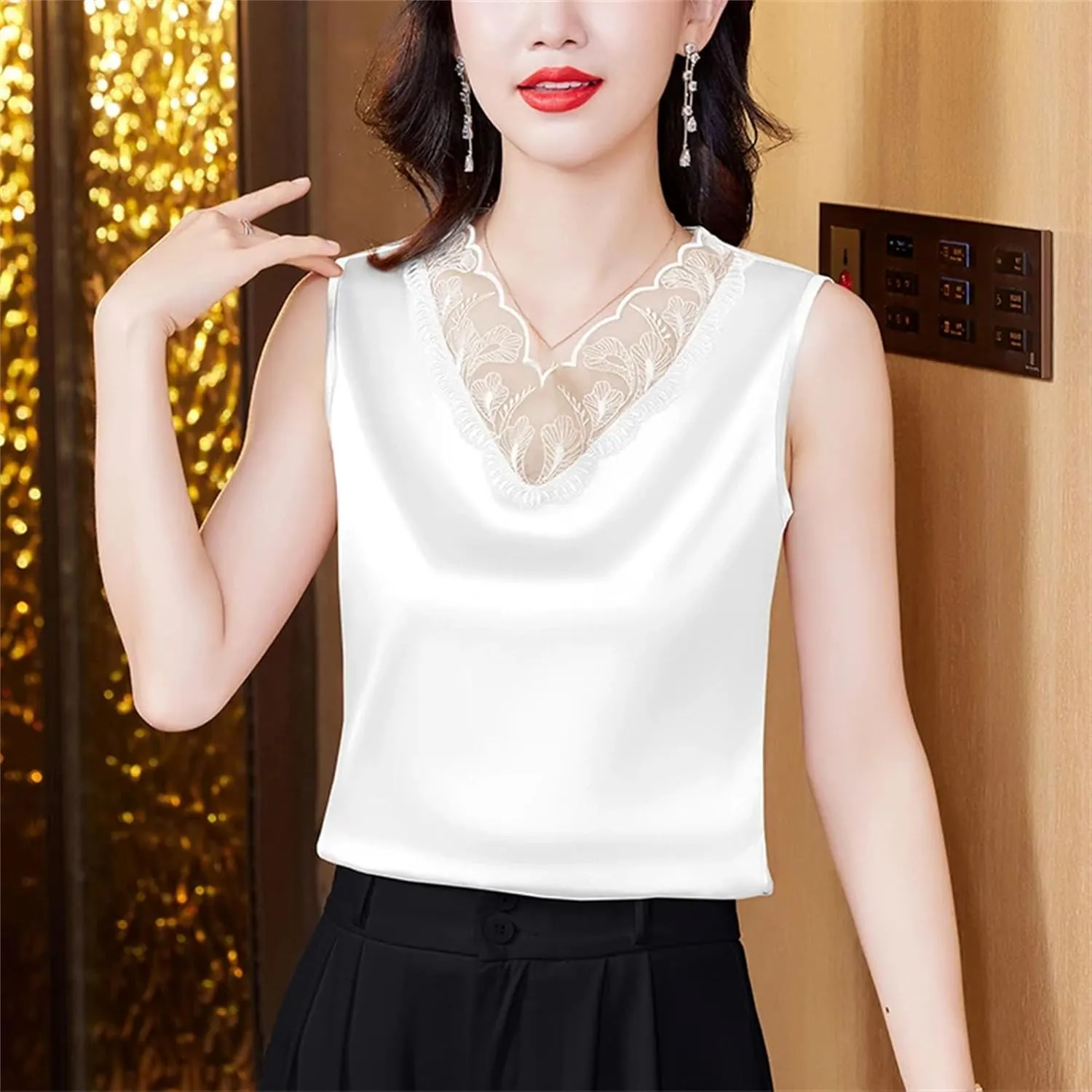 Women's Silk Satin V-Neck Tank Top Camisole Casual Summer Sleeveless Lace Trim Vest Breathable Loose Fit Lounge Wear