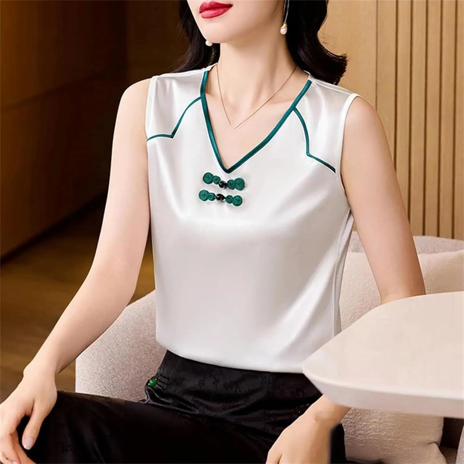 Women's Silk Satin V-Neck Tank Top Camisole Summer Sleeveless Loose Fit Patchwork Vest Breathable Mother's Day Lounge Wear