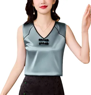 Women's Silk Satin V-Neck Tank Top Camisole Summer Sleeveless Loose Fit Patchwork Vest Breathable Mother's Day Lounge Wear