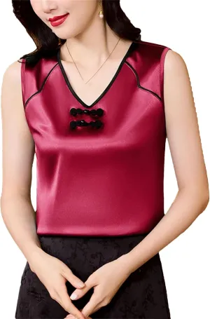 Women's Silk Satin V-Neck Tank Top Camisole Summer Sleeveless Loose Fit Patchwork Vest Breathable Mother's Day Lounge Wear