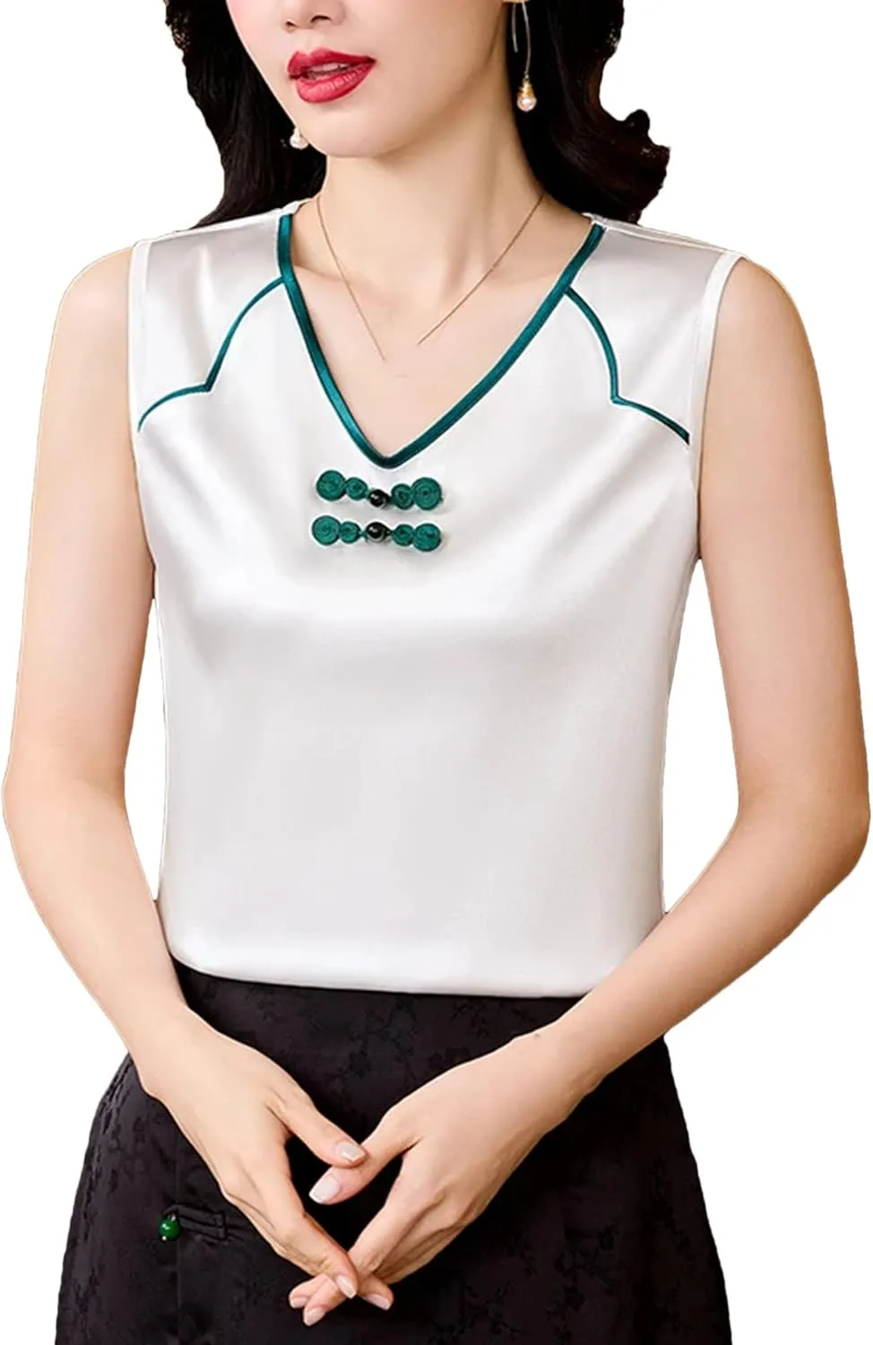 Women's Silk Satin V-Neck Tank Top Camisole Summer Sleeveless Loose Fit Patchwork Vest Breathable Mother's Day Lounge Wear