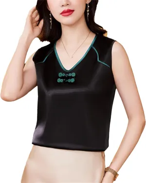 Women's Silk Satin V-Neck Tank Top Camisole Summer Sleeveless Loose Fit Patchwork Vest Breathable Mother's Day Lounge Wear