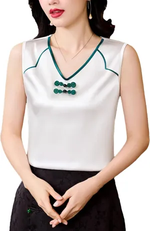 Women's Silk Satin V-Neck Tank Top Camisole Summer Sleeveless Loose Fit Patchwork Vest Breathable Mother's Day Lounge Wear