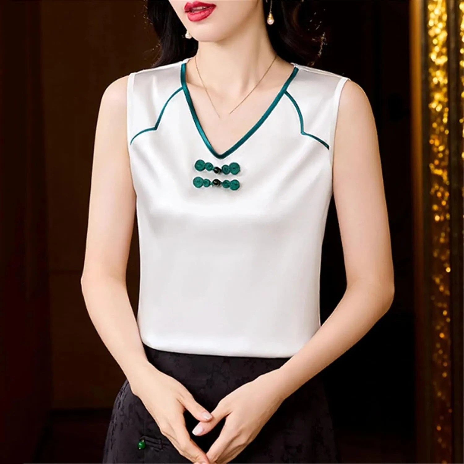Women's Silk Satin V-Neck Tank Top Camisole Summer Sleeveless Loose Fit Patchwork Vest Breathable Mother's Day Lounge Wear
