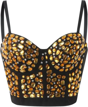 Womens Sleeveless Camisole Summer Bustier Crop Tops Rhinestone Design Casual Club Party Glitter Corset Top