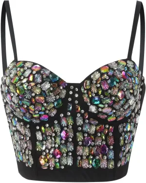 Womens Sleeveless Camisole Summer Bustier Crop Tops Rhinestone Design Casual Club Party Glitter Corset Top