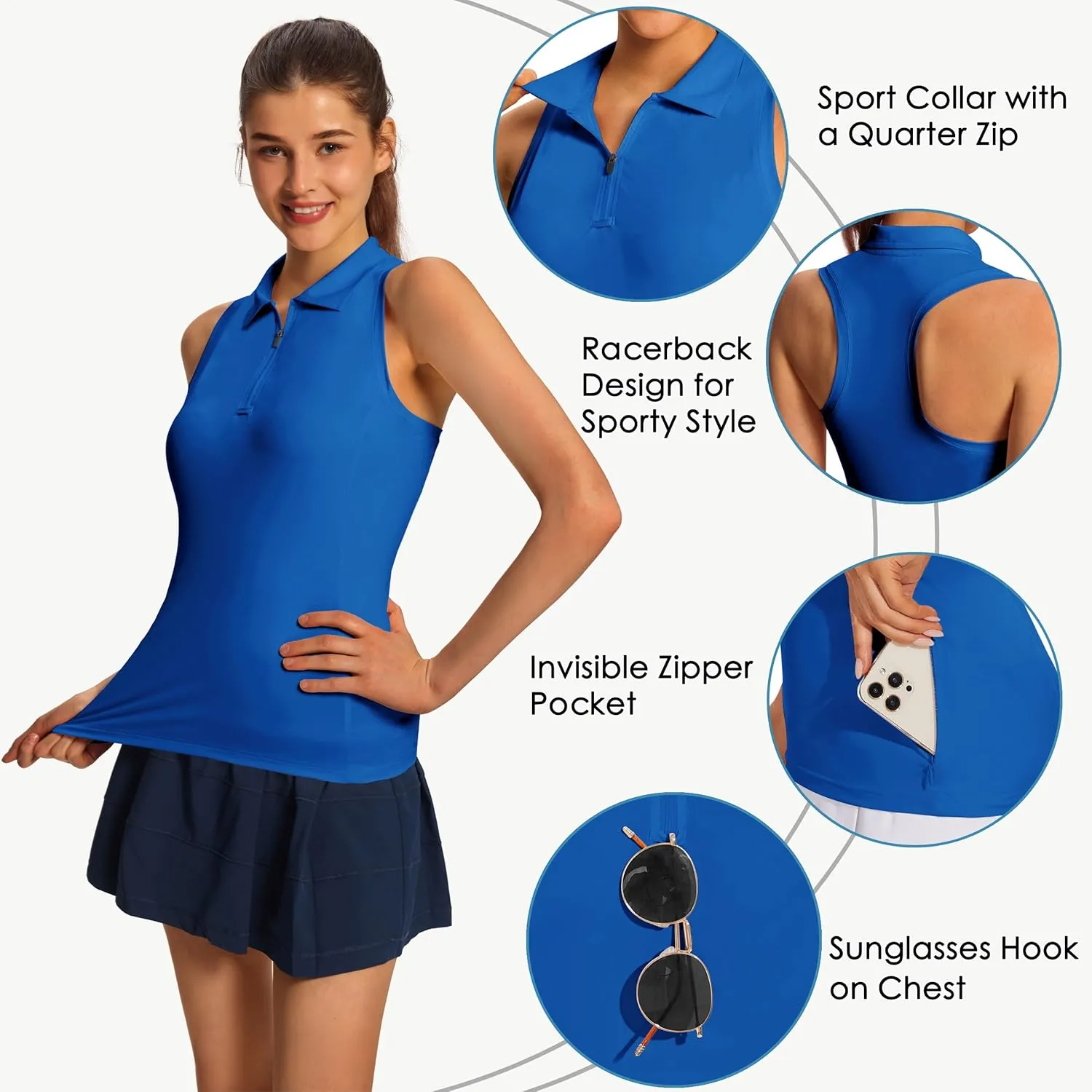 Women's Sleeveless Golf Shirts - Racerback Zip Up Tennis Athletic Polo Collar Tank Tops with Zip Pocket Quick Dry UPF50