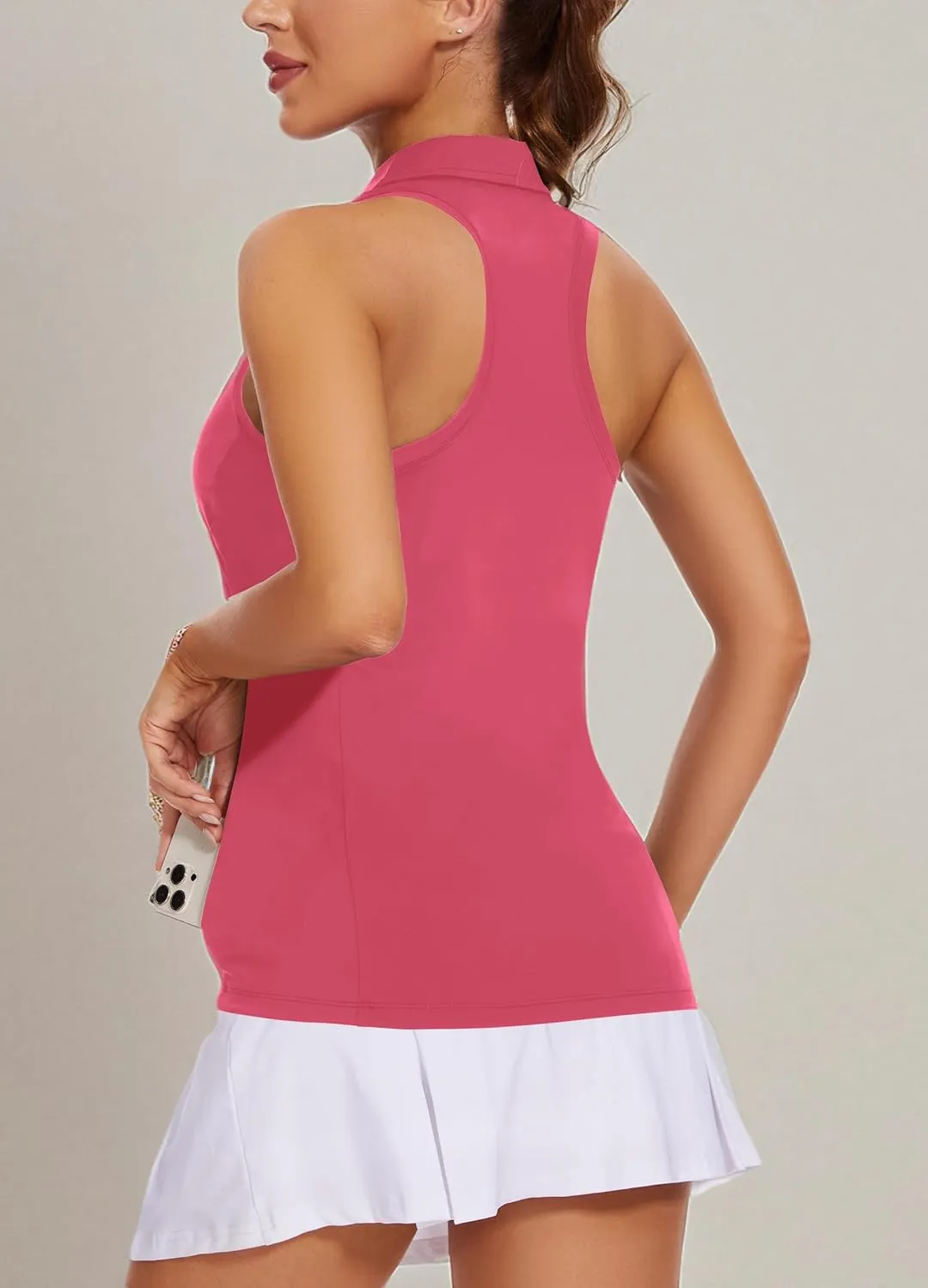 Women's Sleeveless Golf Shirts - Racerback Zip Up Tennis Athletic Polo Collar Tank Tops with Zip Pocket Quick Dry UPF50