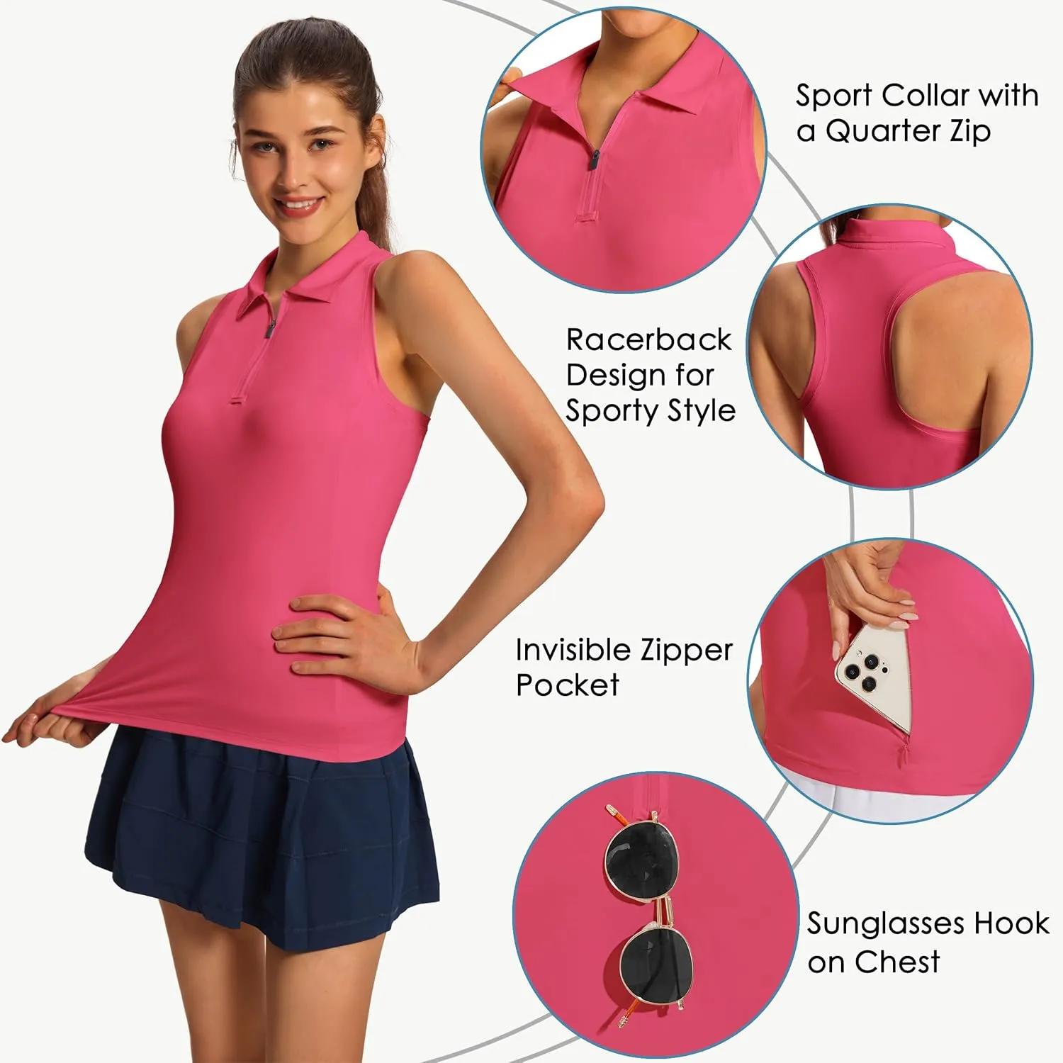 Women's Sleeveless Golf Shirts - Racerback Zip Up Tennis Athletic Polo Collar Tank Tops with Zip Pocket Quick Dry UPF50