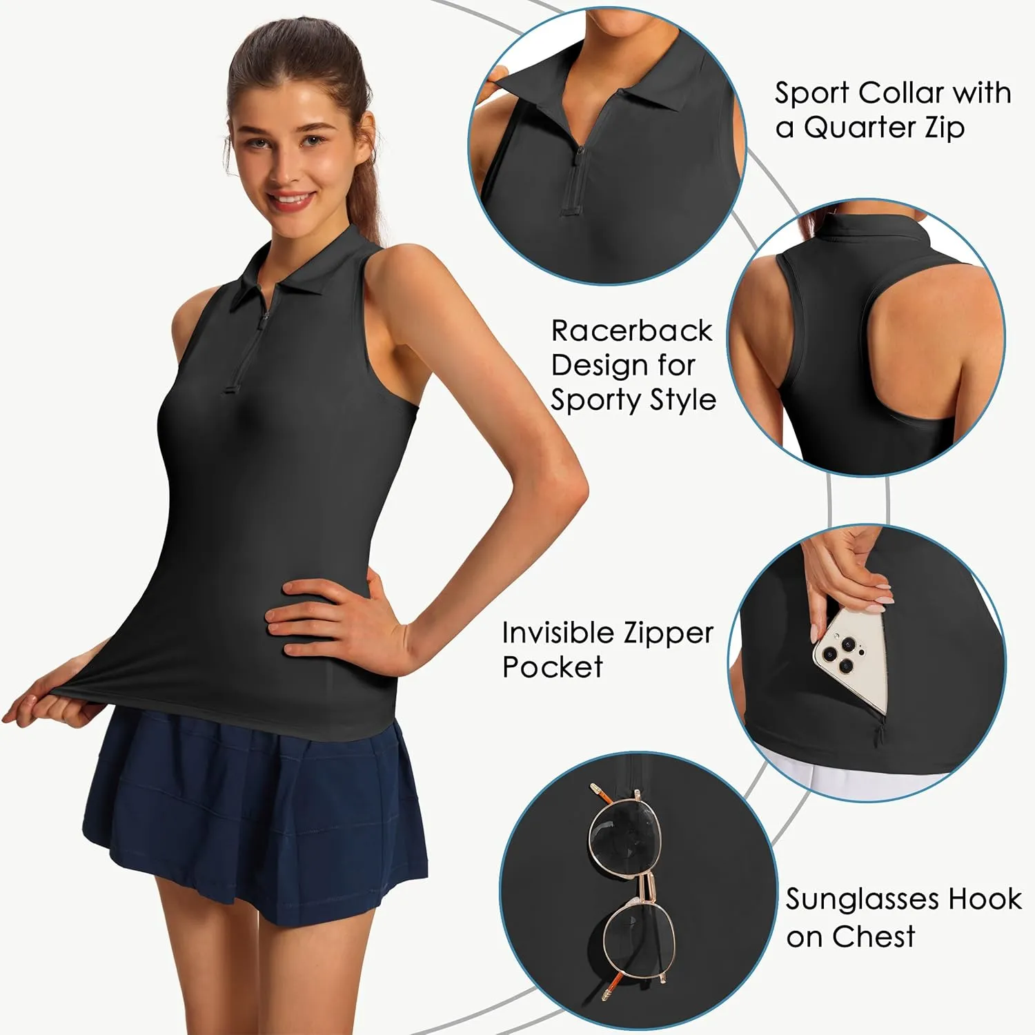 Women's Sleeveless Golf Shirts - Racerback Zip Up Tennis Athletic Polo Collar Tank Tops with Zip Pocket Quick Dry UPF50