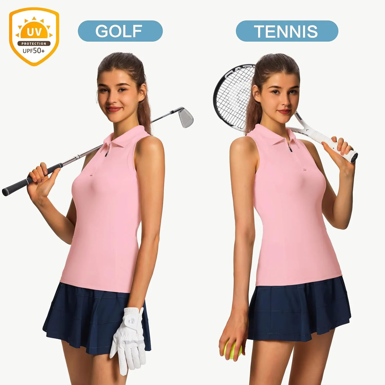 Women's Sleeveless Golf Shirts - Racerback Zip Up Tennis Athletic Polo Collar Tank Tops with Zip Pocket Quick Dry UPF50