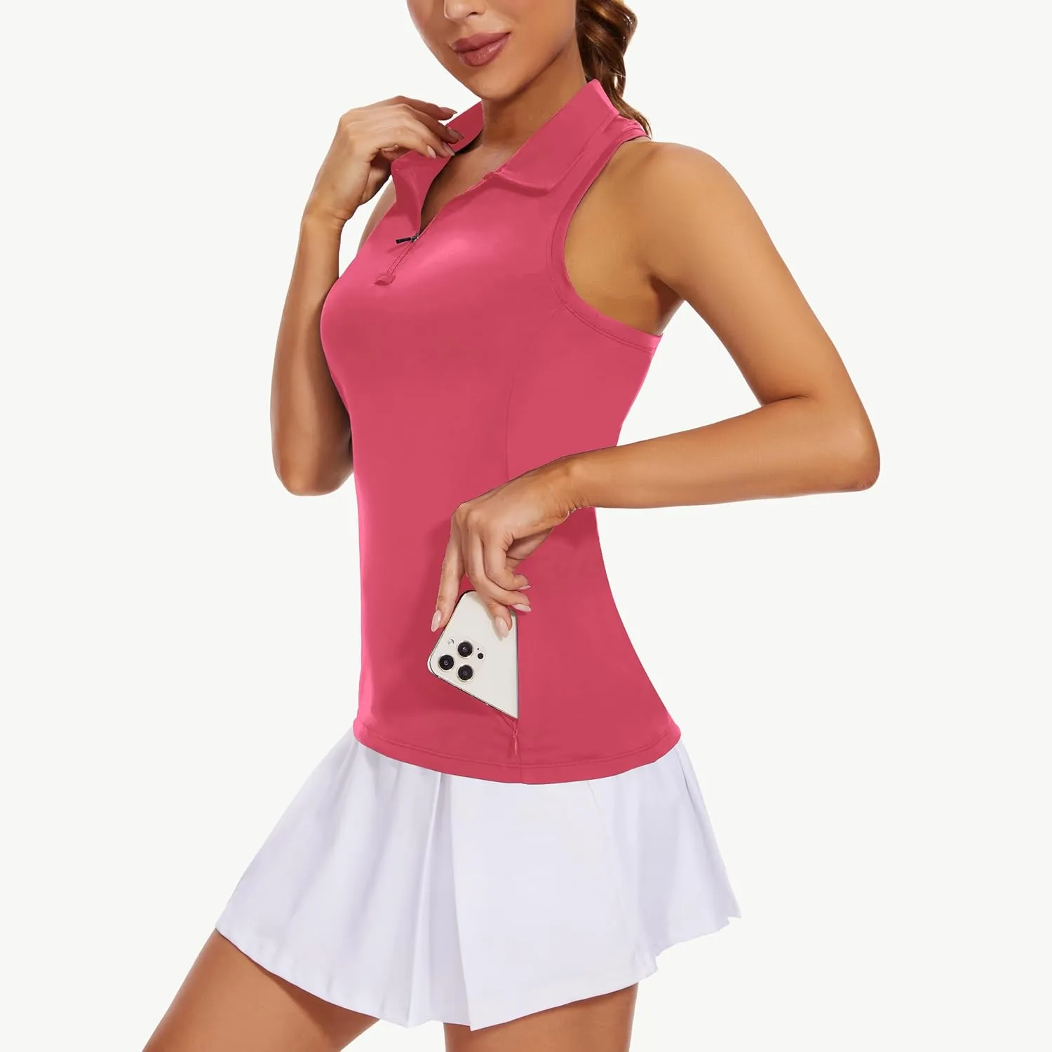 Women's Sleeveless Golf Shirts - Racerback Zip Up Tennis Athletic Polo Collar Tank Tops with Zip Pocket Quick Dry UPF50