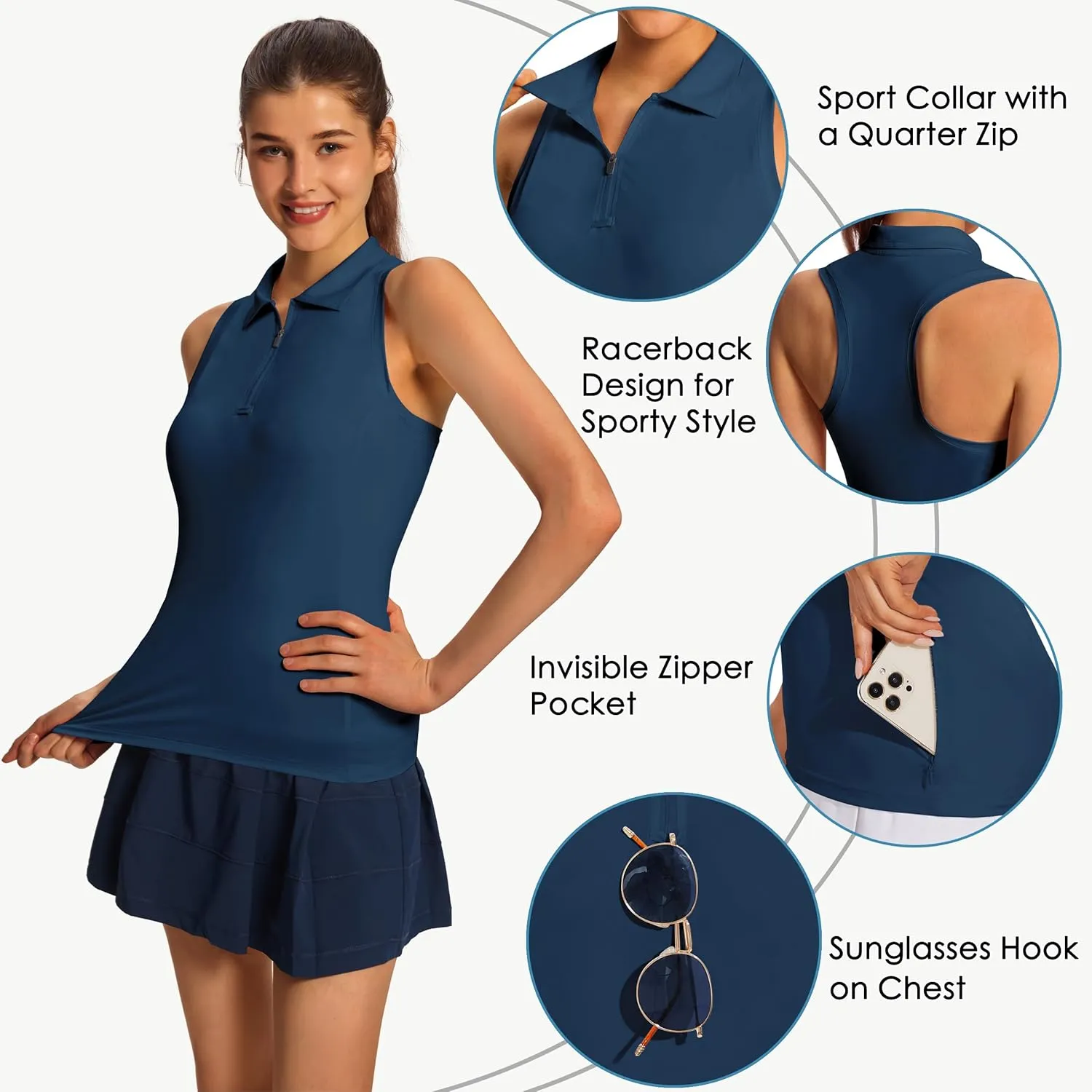 Women's Sleeveless Golf Shirts - Racerback Zip Up Tennis Athletic Polo Collar Tank Tops with Zip Pocket Quick Dry UPF50