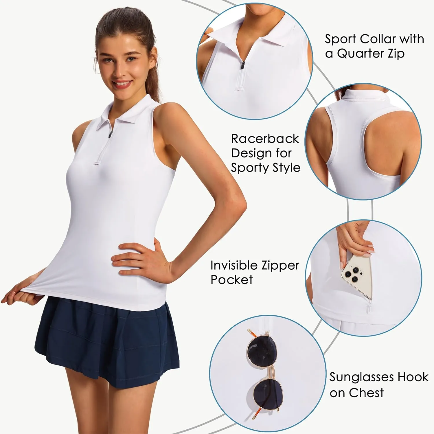 Women's Sleeveless Golf Shirts - Racerback Zip Up Tennis Athletic Polo Collar Tank Tops with Zip Pocket Quick Dry UPF50