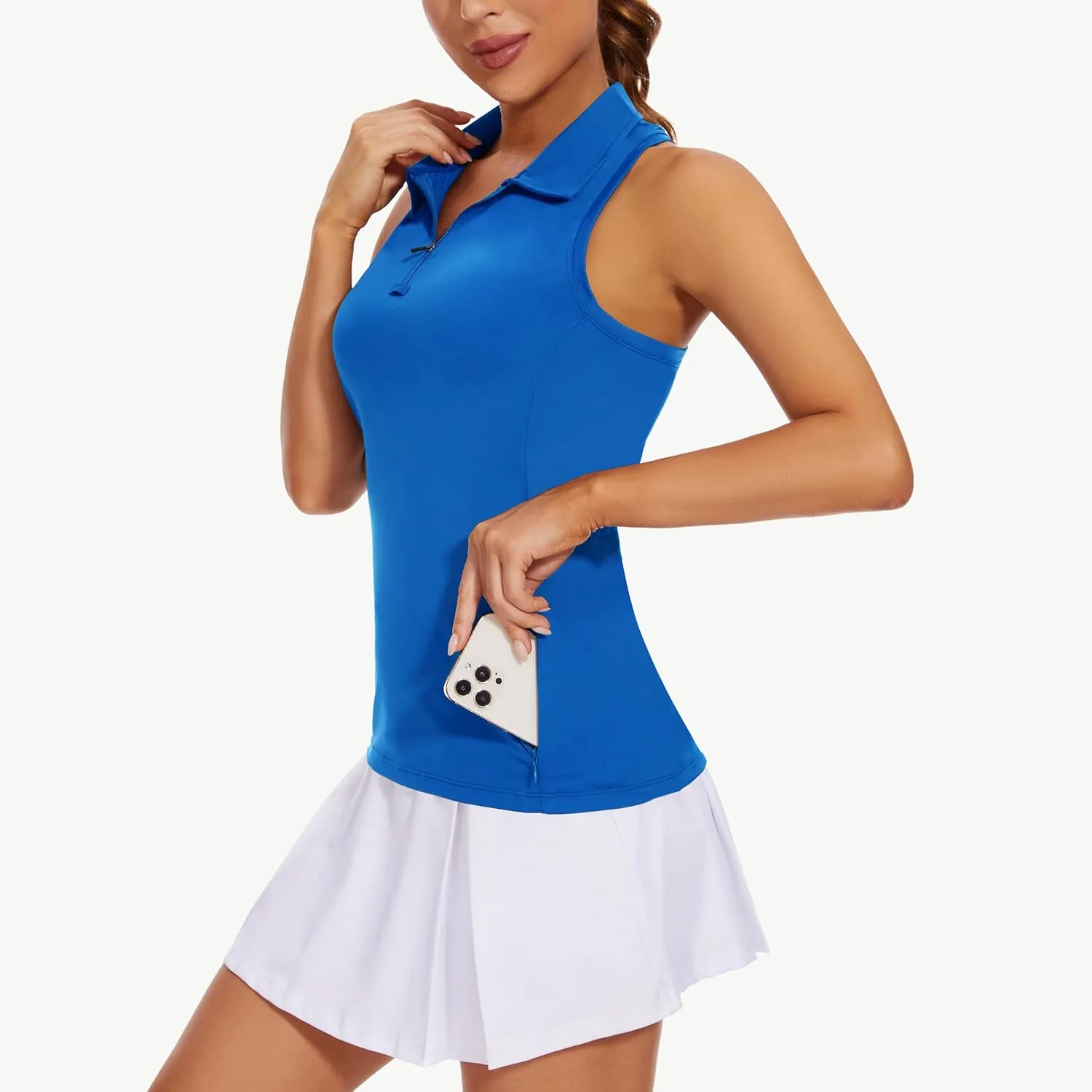 Women's Sleeveless Golf Shirts - Racerback Zip Up Tennis Athletic Polo Collar Tank Tops with Zip Pocket Quick Dry UPF50