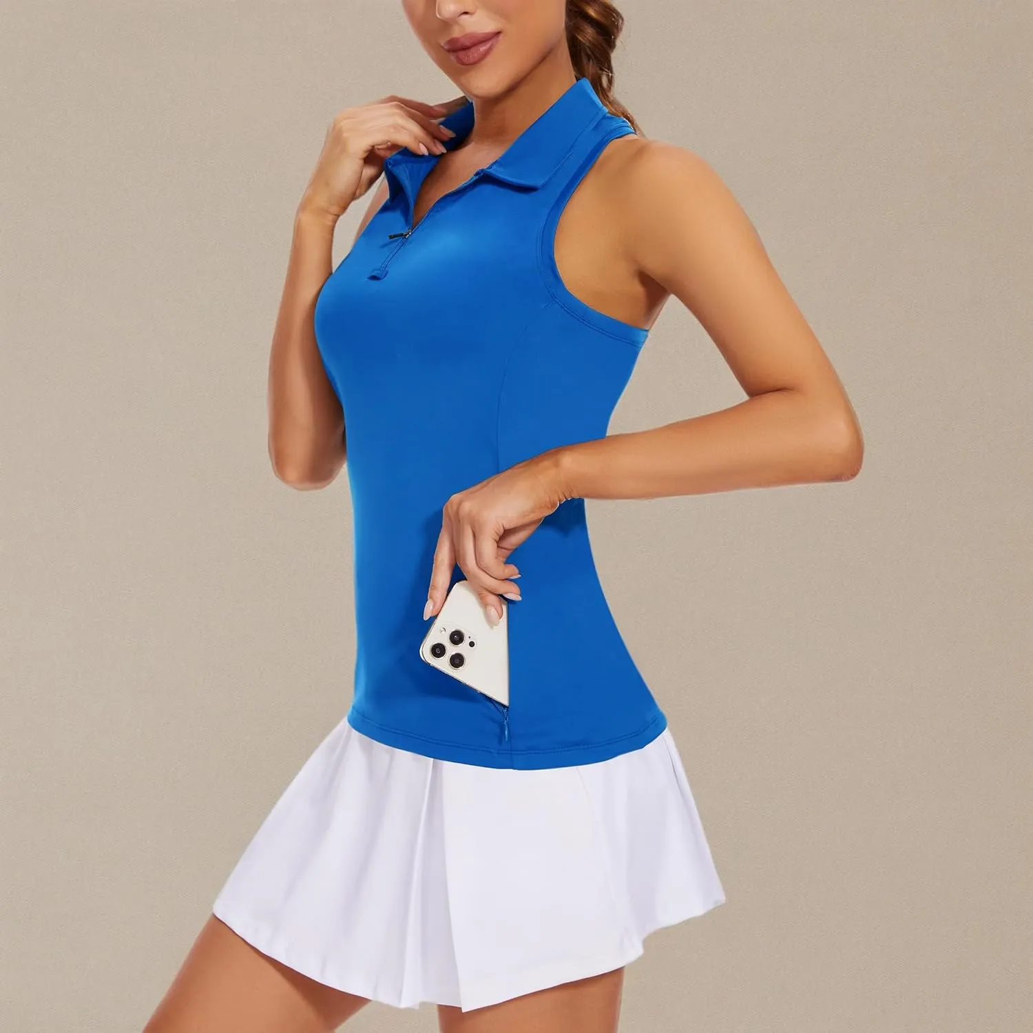 Women's Sleeveless Golf Shirts - Racerback Zip Up Tennis Athletic Polo Collar Tank Tops with Zip Pocket Quick Dry UPF50