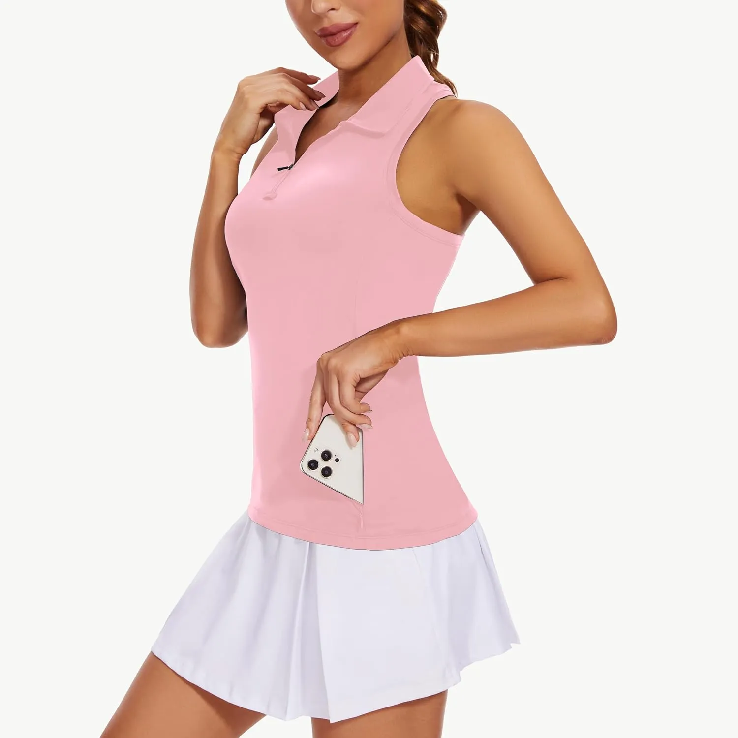 Women's Sleeveless Golf Shirts - Racerback Zip Up Tennis Athletic Polo Collar Tank Tops with Zip Pocket Quick Dry UPF50