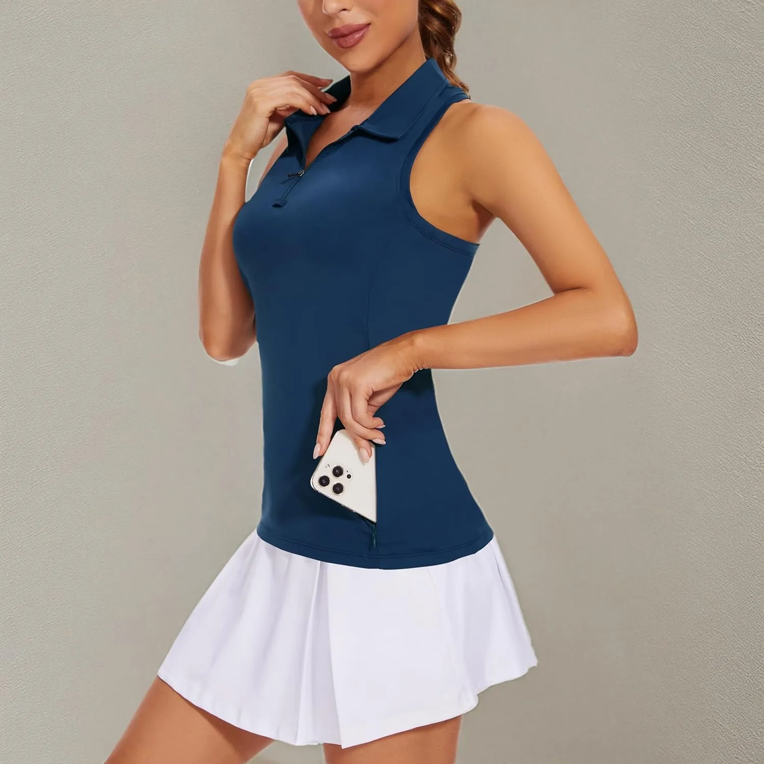 Women's Sleeveless Golf Shirts - Racerback Zip Up Tennis Athletic Polo Collar Tank Tops with Zip Pocket Quick Dry UPF50