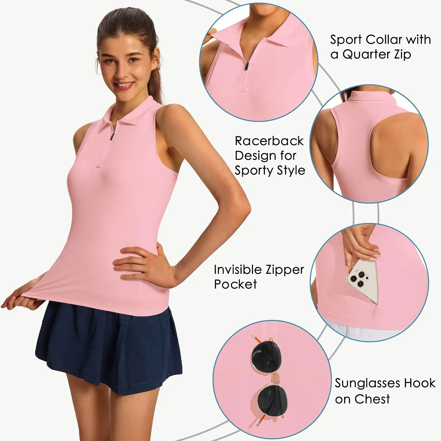 Women's Sleeveless Golf Shirts - Racerback Zip Up Tennis Athletic Polo Collar Tank Tops with Zip Pocket Quick Dry UPF50
