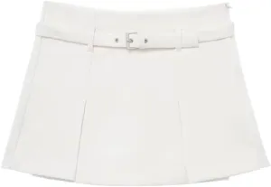 Women's Solid Color Pleated Mini Skirt with Belt Detail and Side Zipper - High Waist Fabric