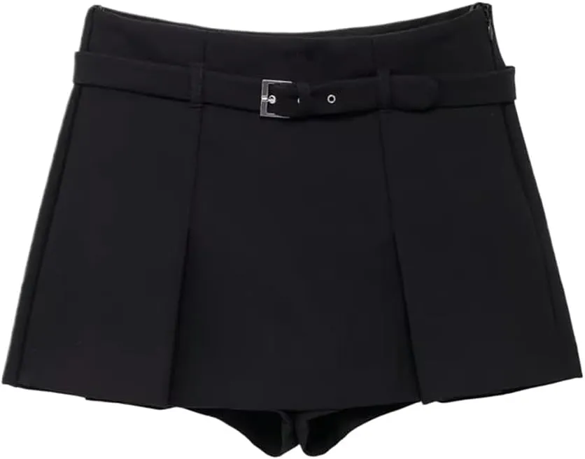 Women's Solid Color Pleated Mini Skirt with Belt Detail and Side Zipper - High Waist Fabric